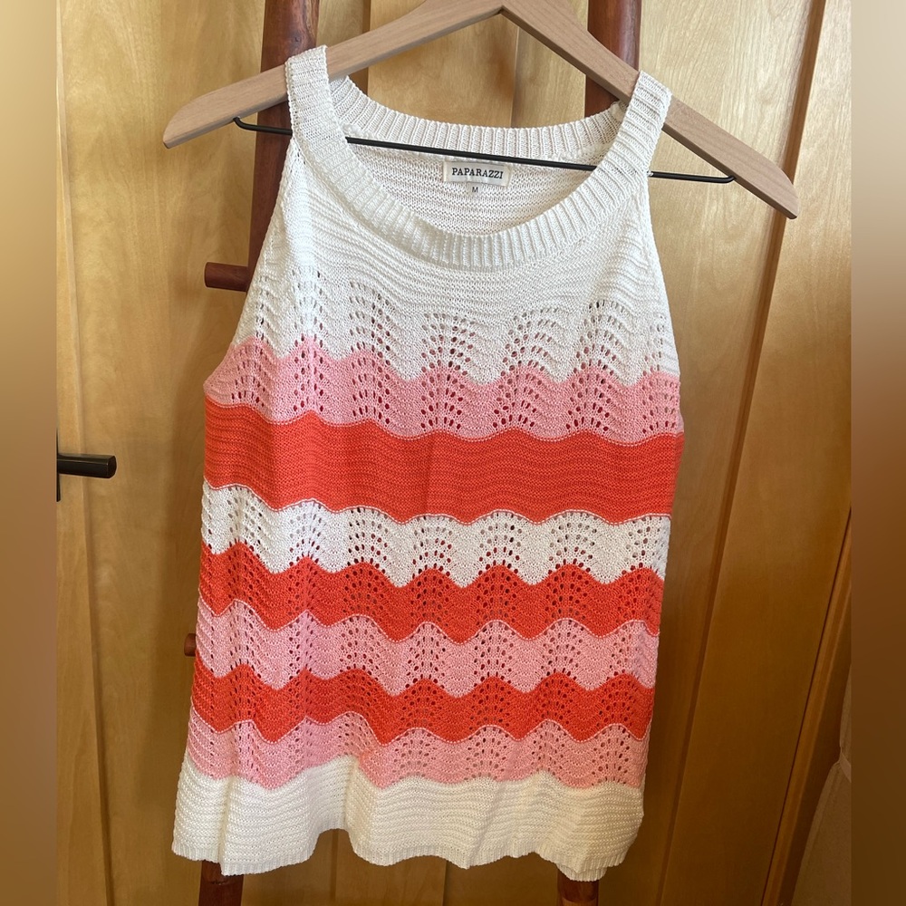 Paparazzi White & Peach Striped Crochet Tank Top